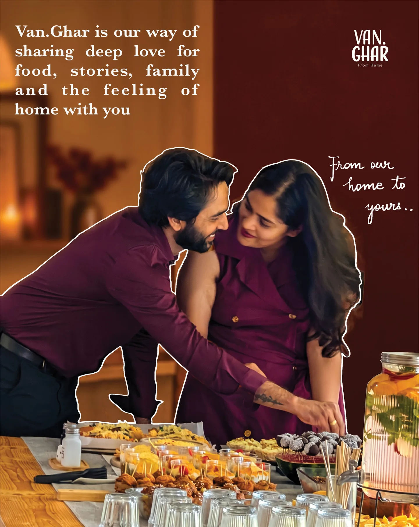 Van.Ghar is our way of sharing deep love for food, stories, family and the feeling of home with you. From our home to yours. Vaibhav and Diksha setting out food on a long table.